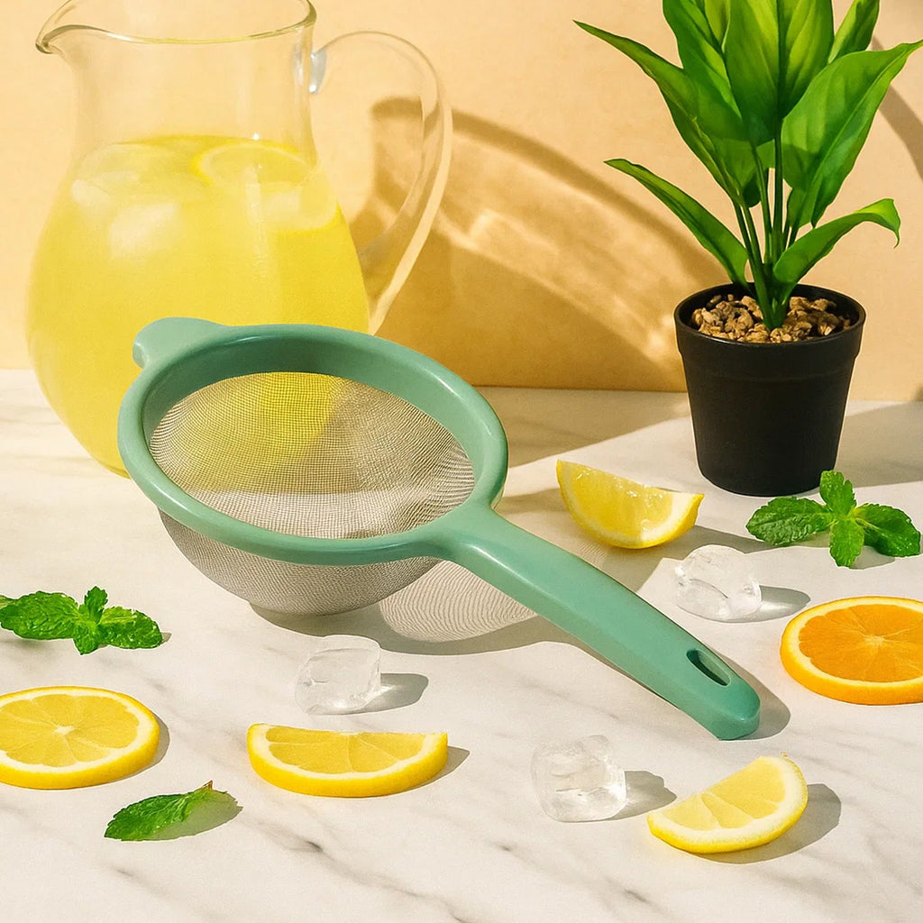 Large kitchen strainer made with rust-resistant stainless-steel mesh and rigid rim