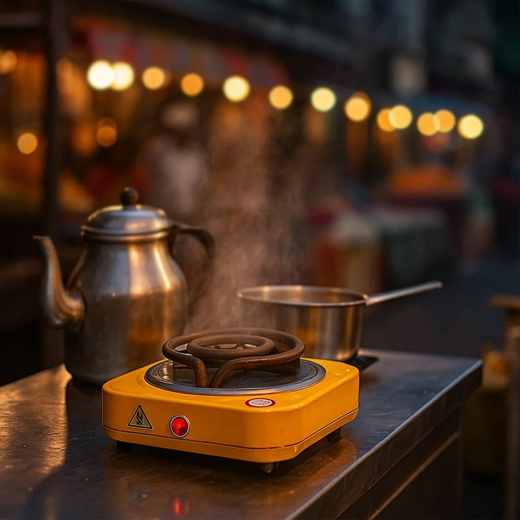 Side view of electric single coil hot plate showing heat resistant surface