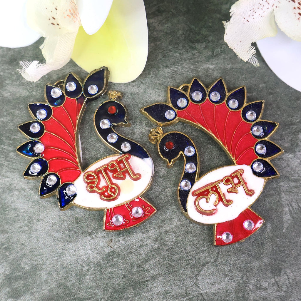 Two-piece Peacock Wall Hanging Set featuring Shubh Labh for festive decor