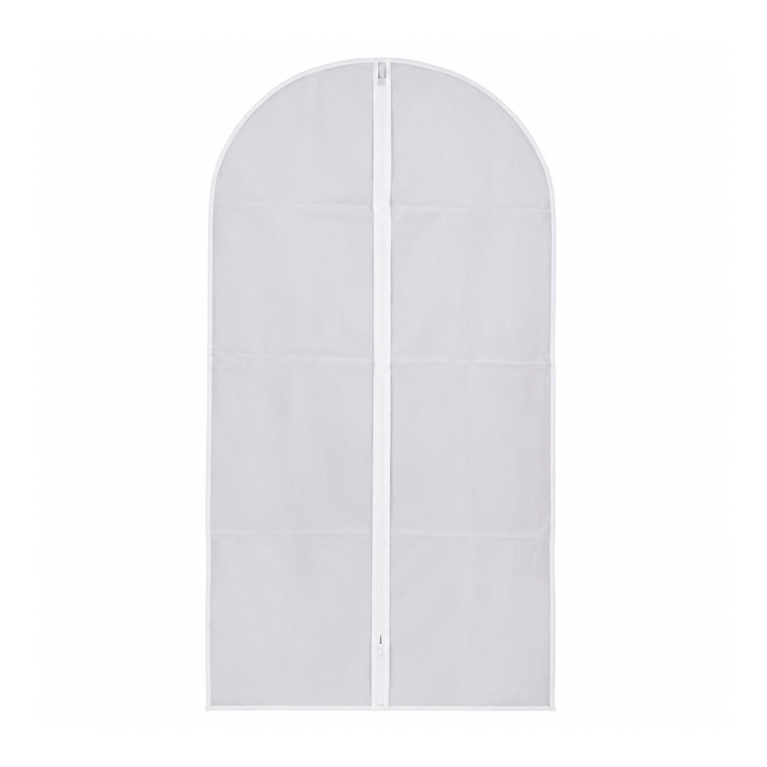 Front view of the suit cover on white background, demonstrating space-saving design.