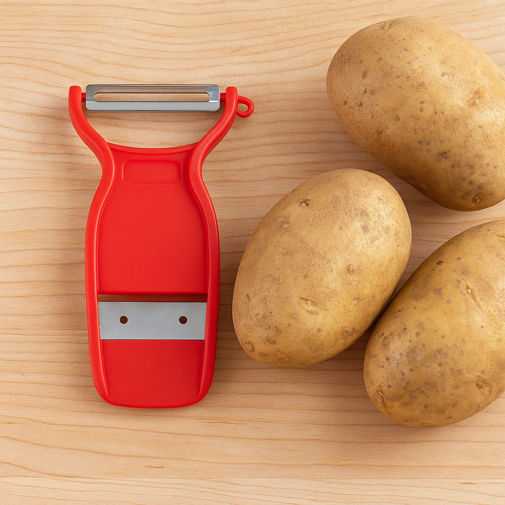 Compact 2-in-1 slicer and peeler with ergonomic handle for easy use