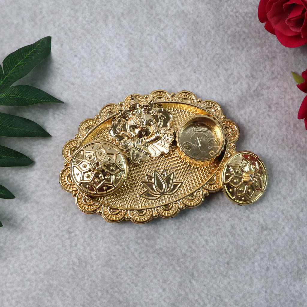 Oval antique gold pooja tray roli chawal kumkum chopra with dual holders for tilak powders