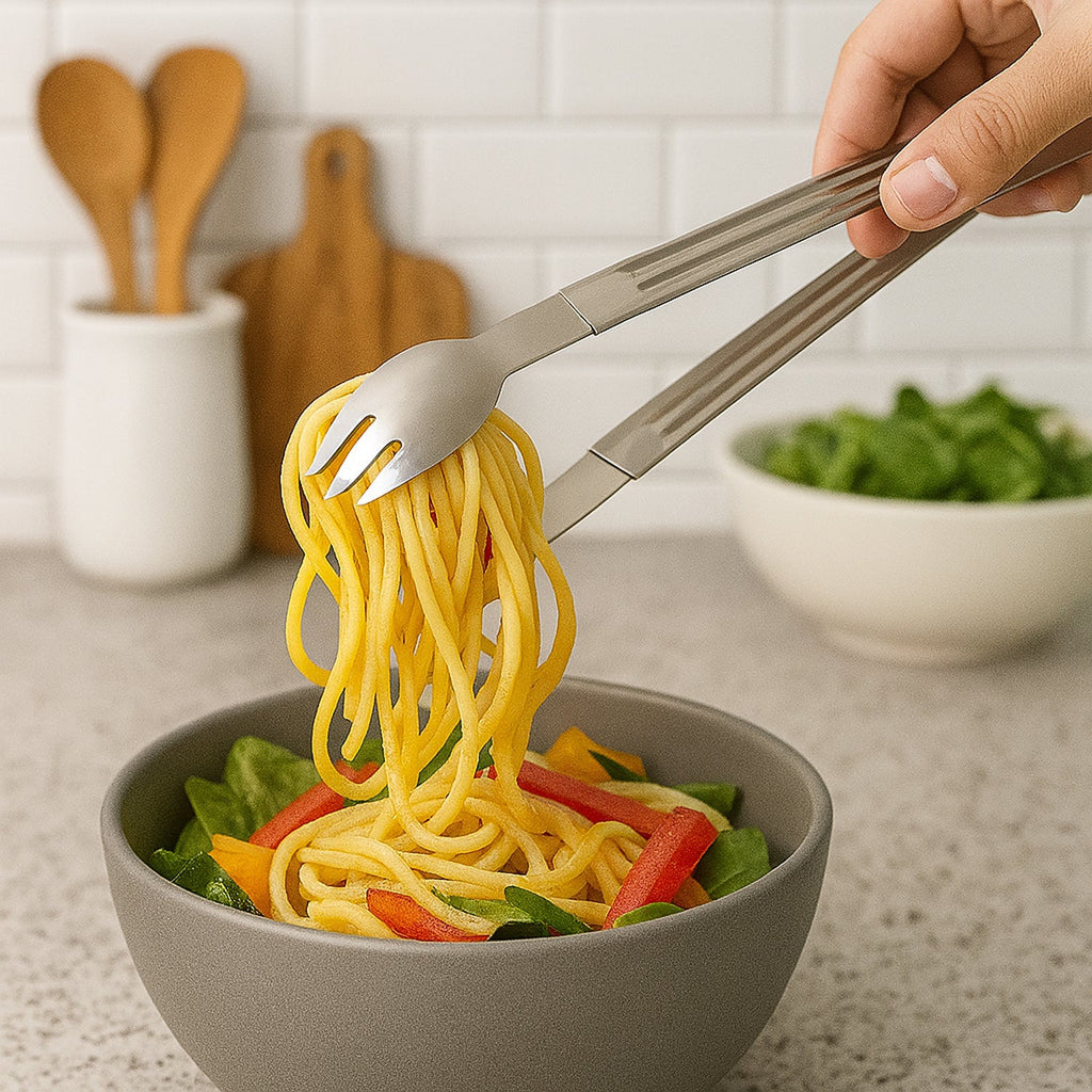 Sleek design of stainless steel serving tong for pasta and salad