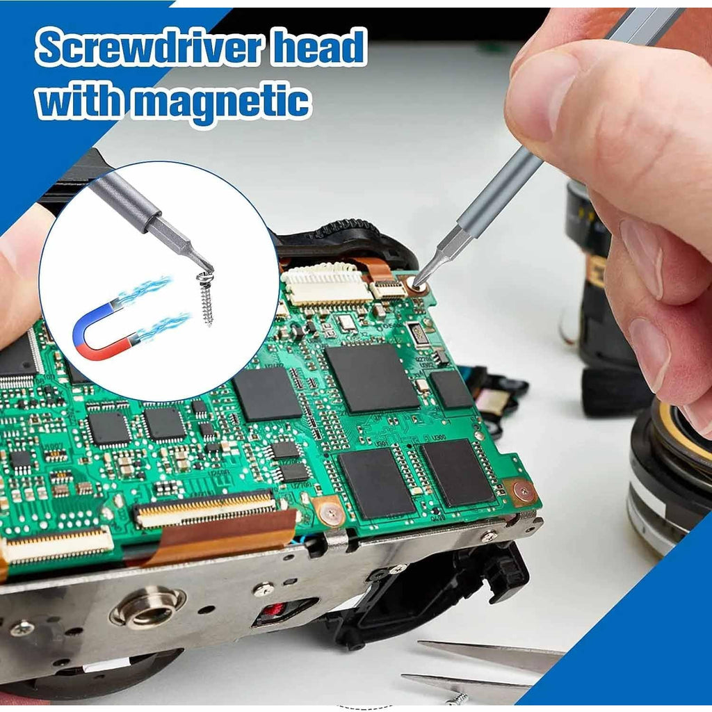 Magnetic screwdriver handle and various precision bits from the 24-in-1 precision set.
