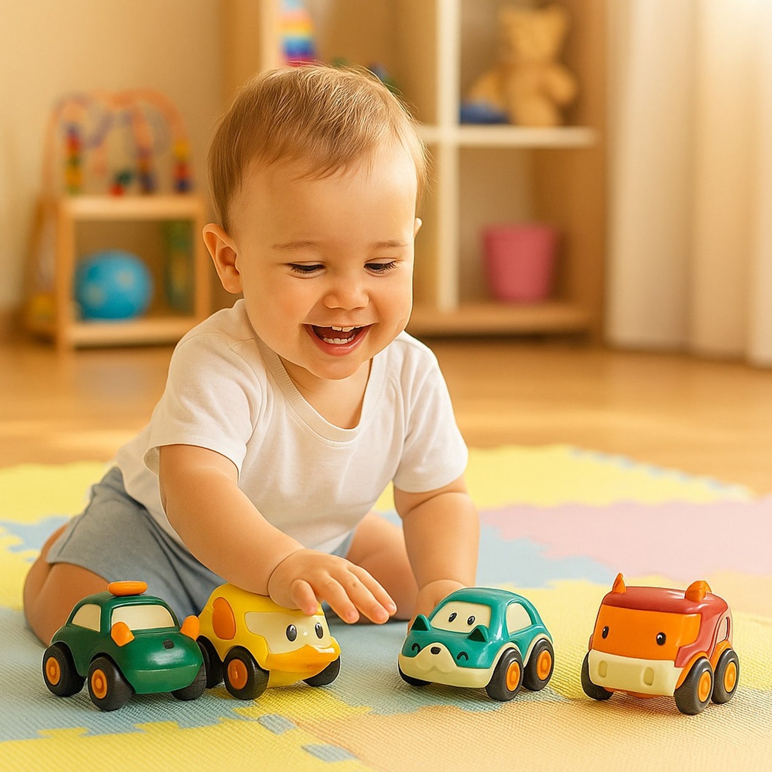 Assorted children’s toy cars in multiple vibrant colors