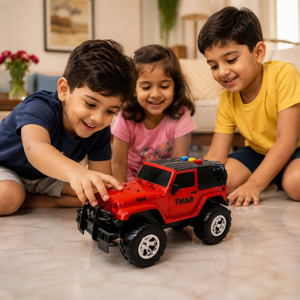 Top view of rugged friction-powered toy off-road jeep for kids
