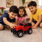 Top view of rugged friction-powered toy off-road jeep for kids