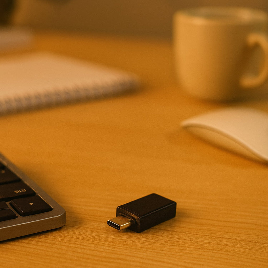 USB OTG adapter plugged into a tablet, demonstrating its plug-and-play functionality.