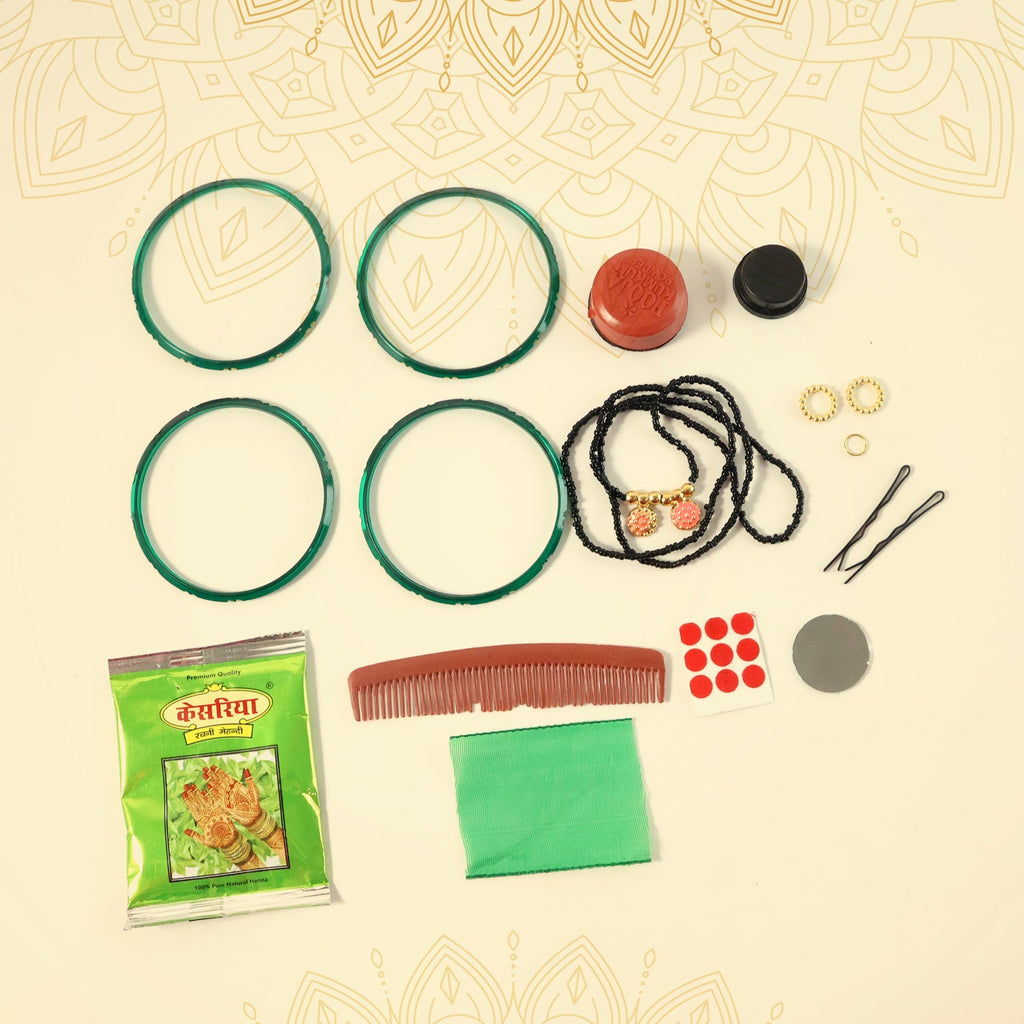 Hindu deity Mataji worship kit with essential puja items and adornments