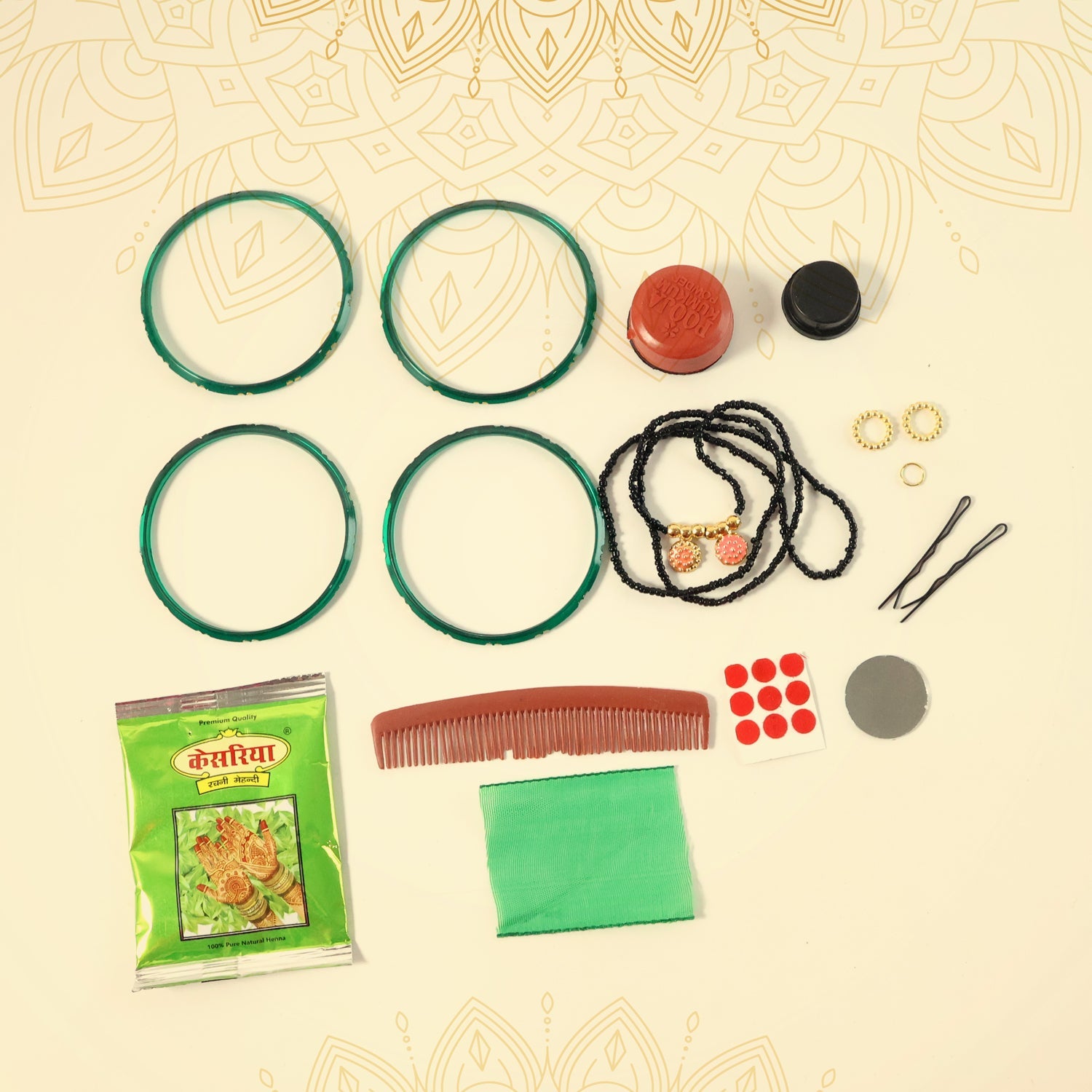 Hindu deity Mataji worship kit with essential puja items and adornments
