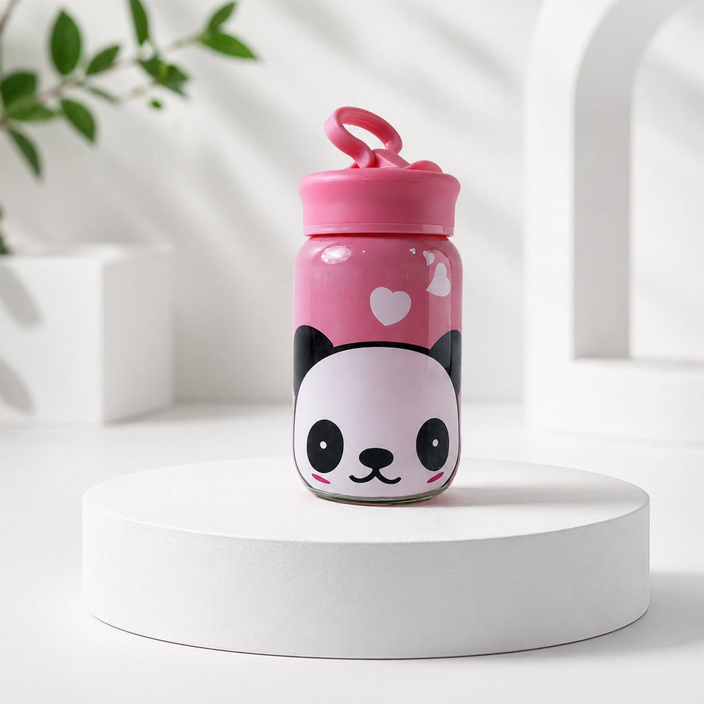 340ml glass water bottle featuring playful cartoon design