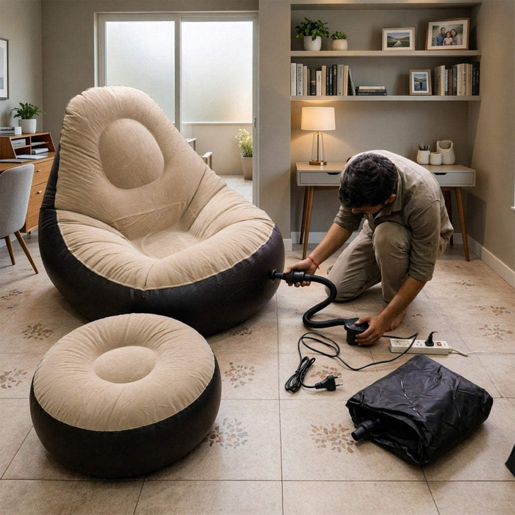 Relaxing inflatable air sofa chair set with footrest and electric pump