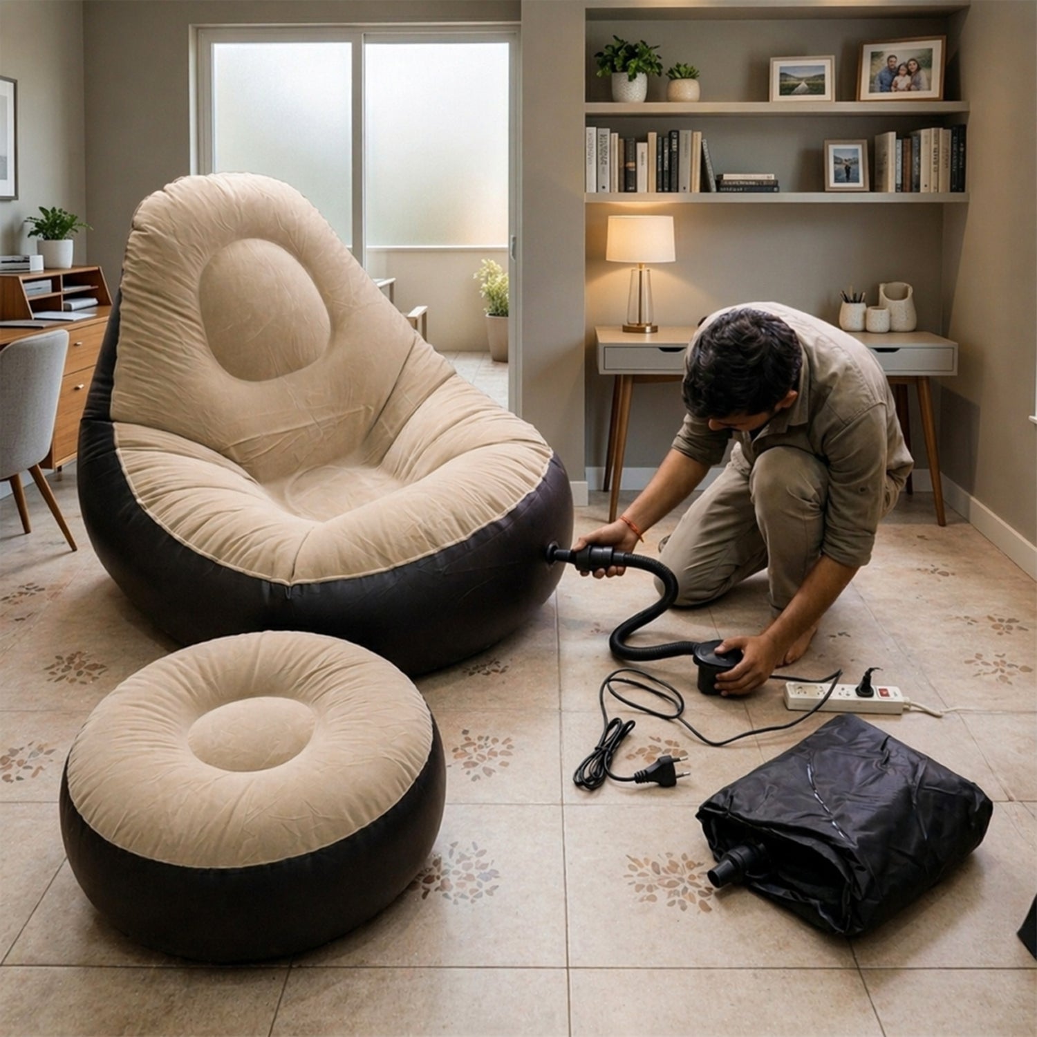 Relaxing inflatable air sofa chair set with footrest and electric pump