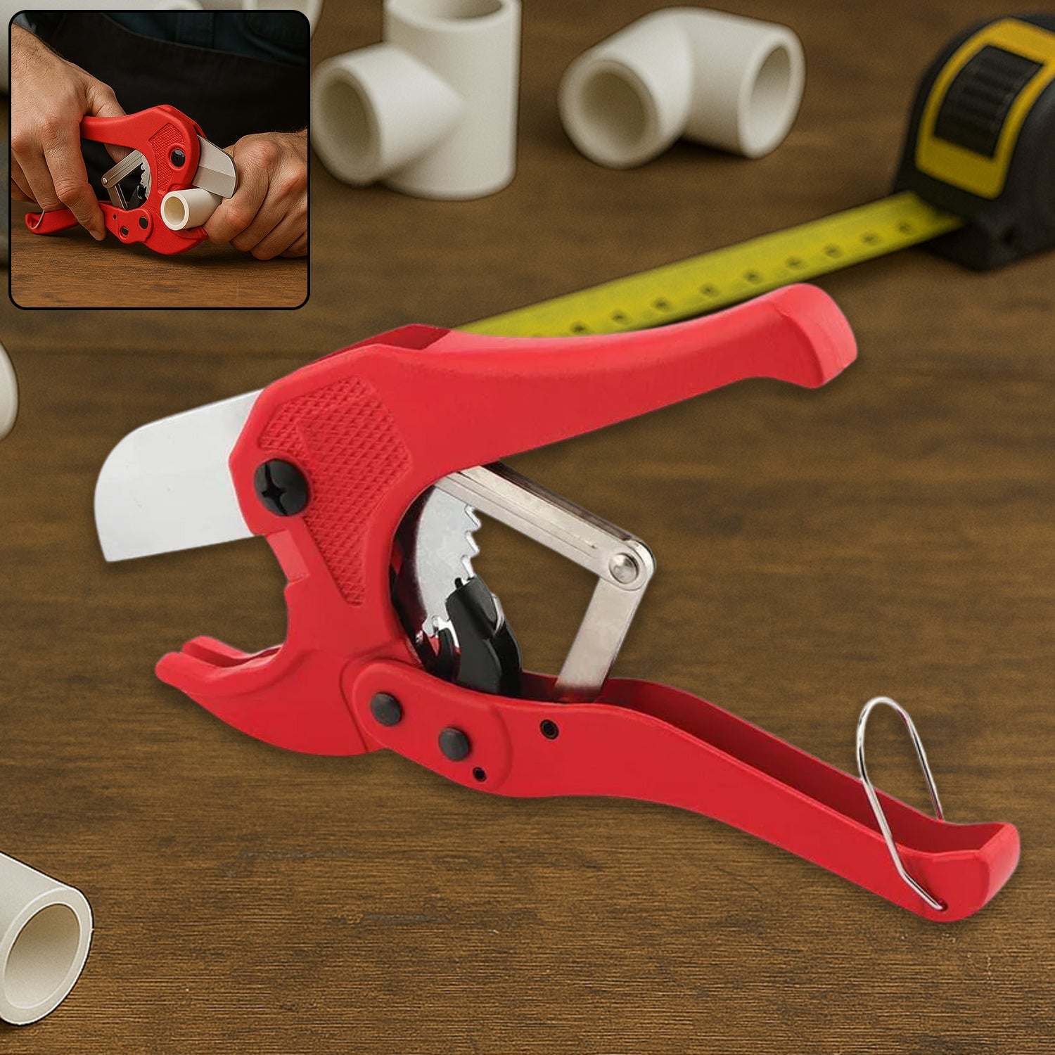 Close-up of the ToolMate Pro PVC pipe cutter, highlighting its robust design.