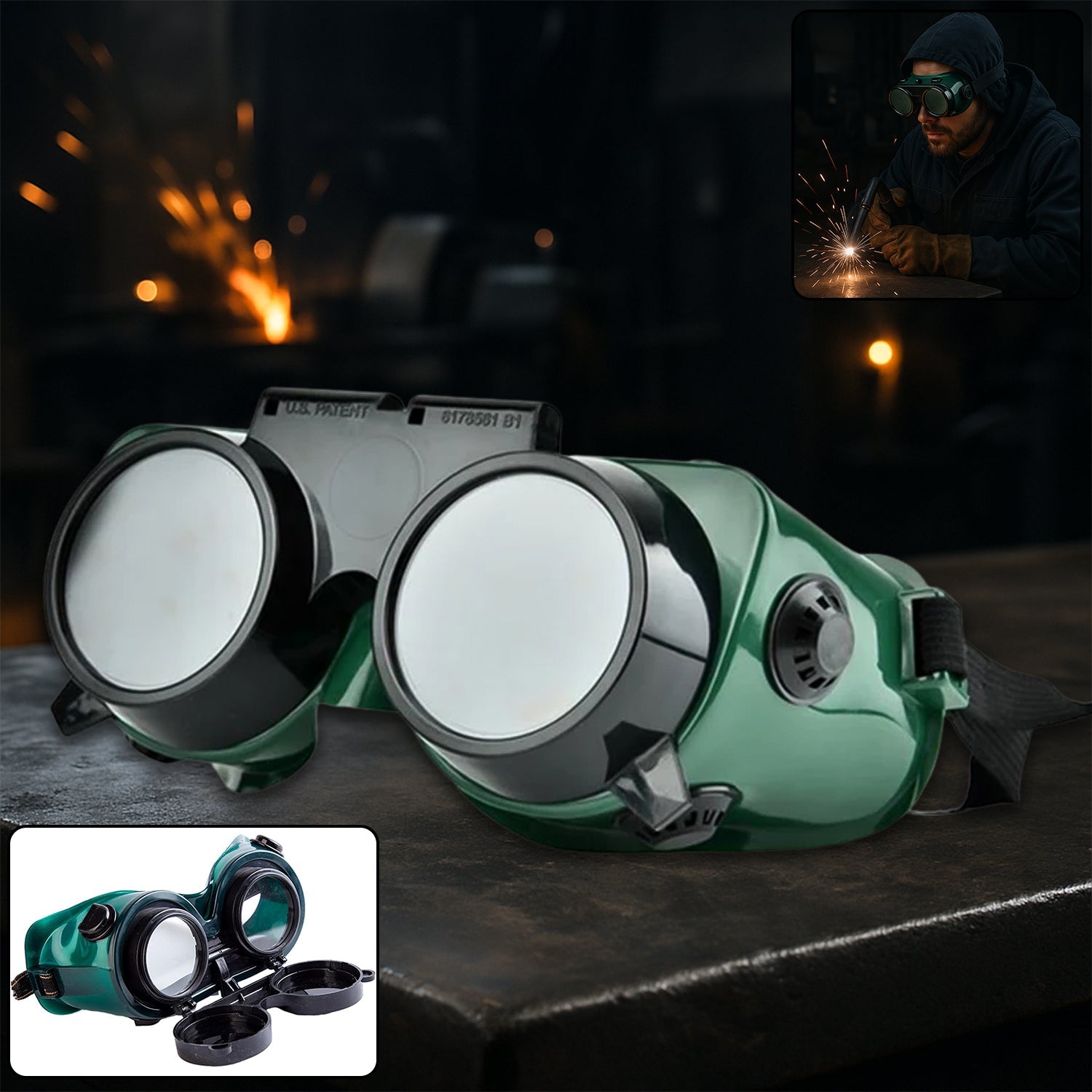 Dark green flip-up welding goggles with an adjustable elastic strap for eye protection.