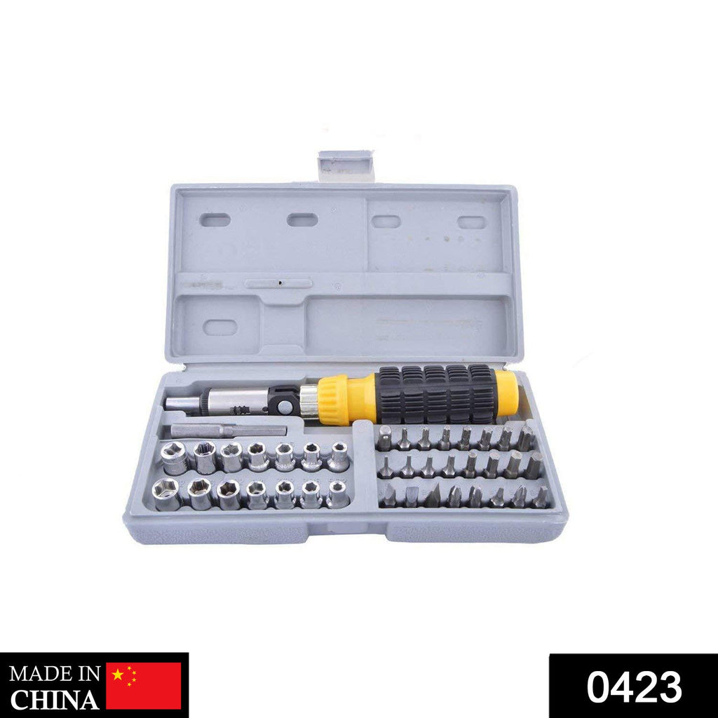 A comprehensive 41-piece socket and screwdriver tool kit laid out on a workbench, ready for use.
