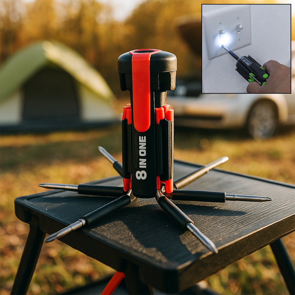 Close-up of the BoltForce 8-in-1 Multi-Function Screwdriver Kit showing folding tips and LED light.