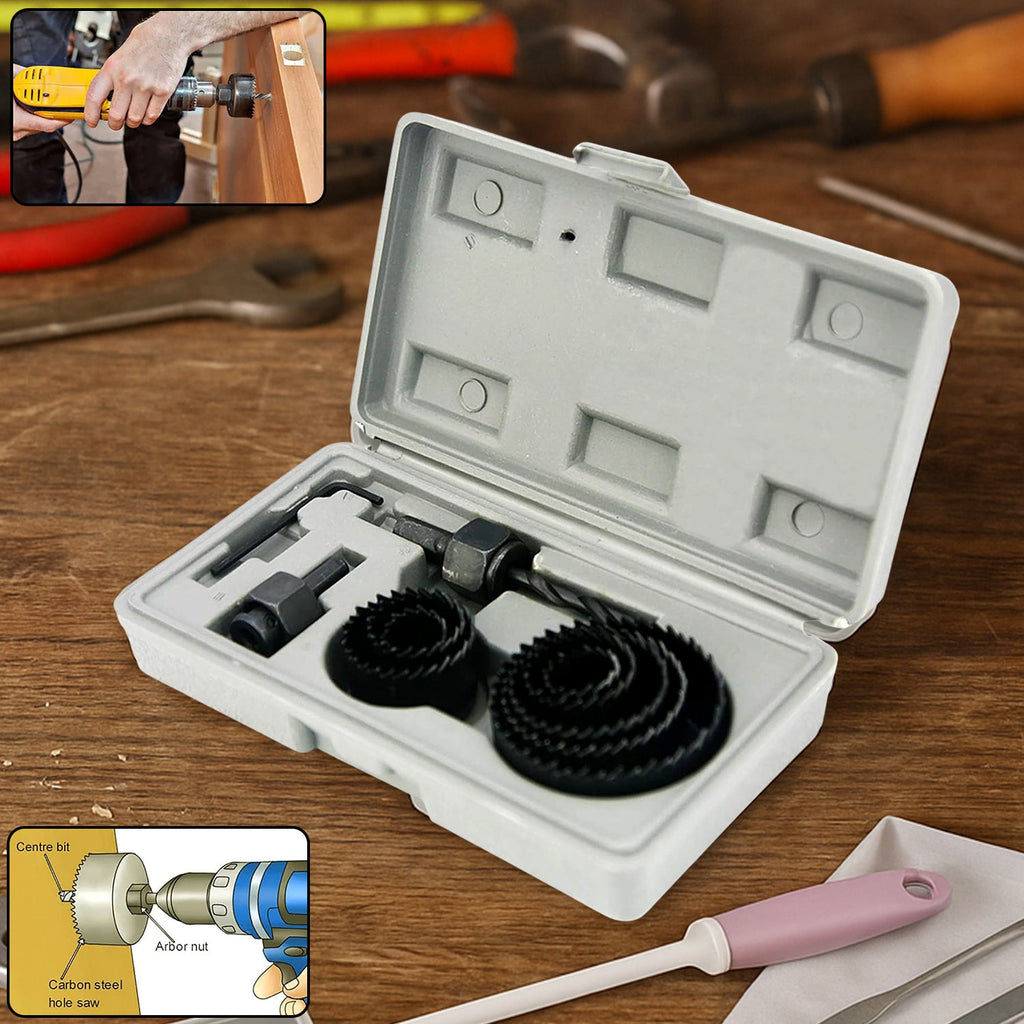 Top-down view of the BoltForce wood hole saw kit with 11 pieces and accessories.