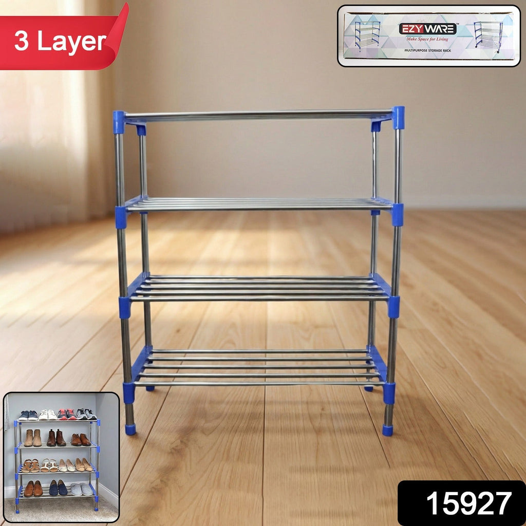 Multipurpose 4-layer shoe rack with plastic connectors for tool-free assembly