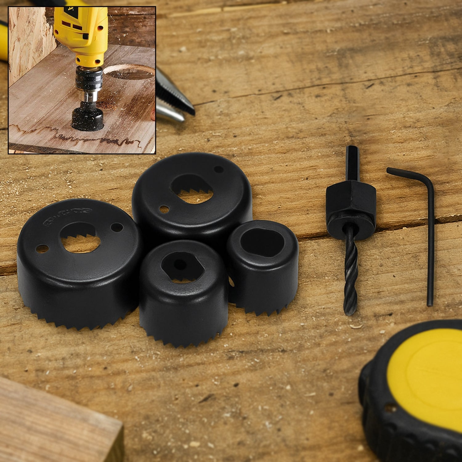 Close-up of the BoltForce hole saw set, showcasing the 32mm to 54mm drill bit sizes.