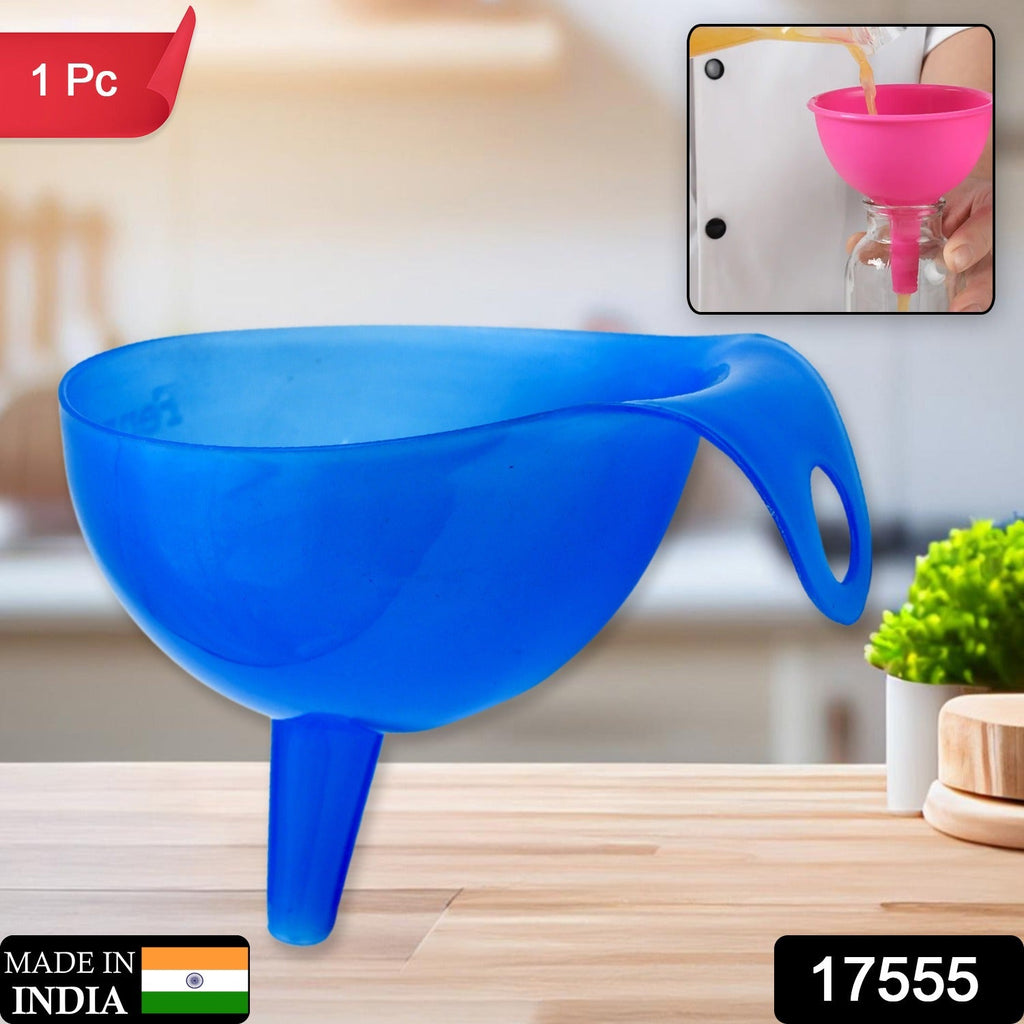 Durable plastic funnel perfectly fitting a bottle neck for spill-free liquid transfer.