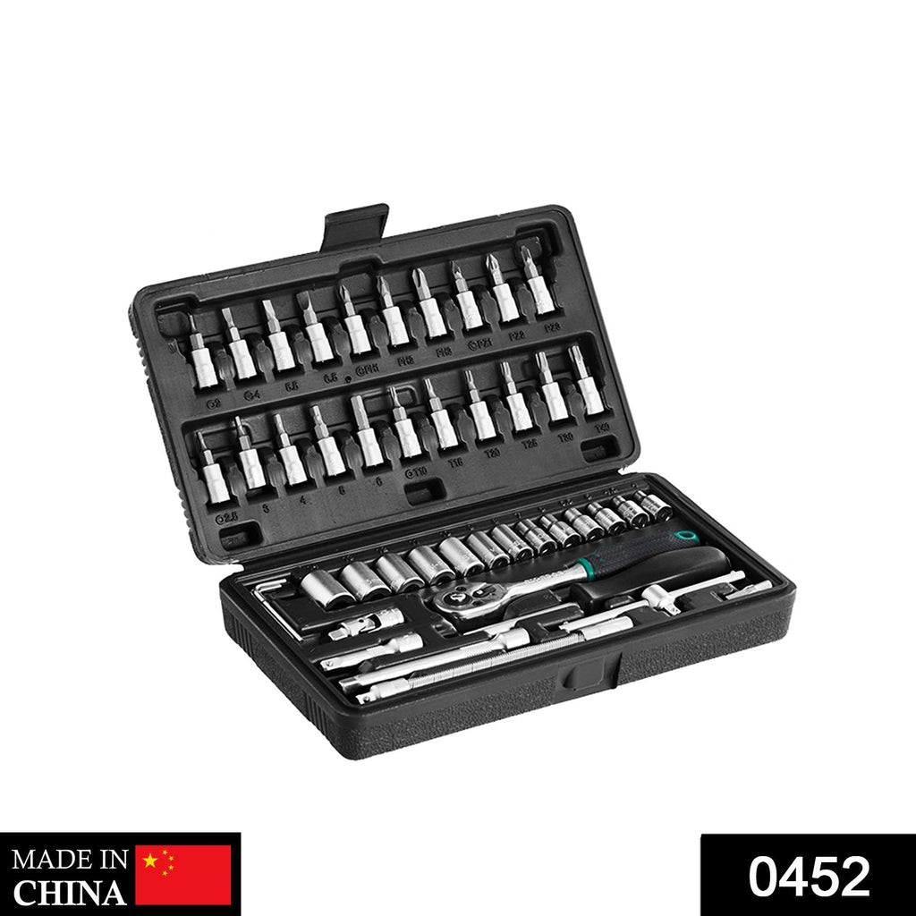 Mechanic using the 46-piece socket set to tighten bolts on an automotive engine.
