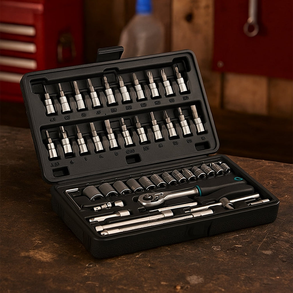 RaceVault 46-piece 1/4" Socket Set in black, neatly arranged in its blow case.