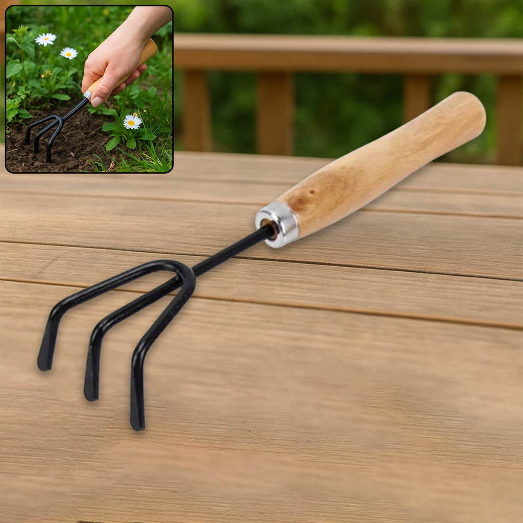 Durable black steel hand cultivator for efficient gardening tasks.