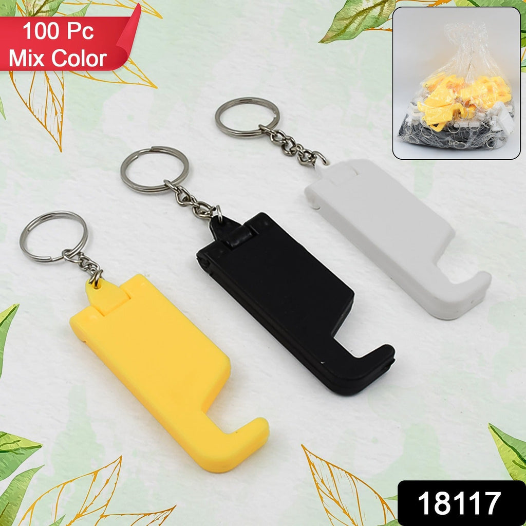 Close-up of a plastic keychain mobile stand in action, holding a smartphone.