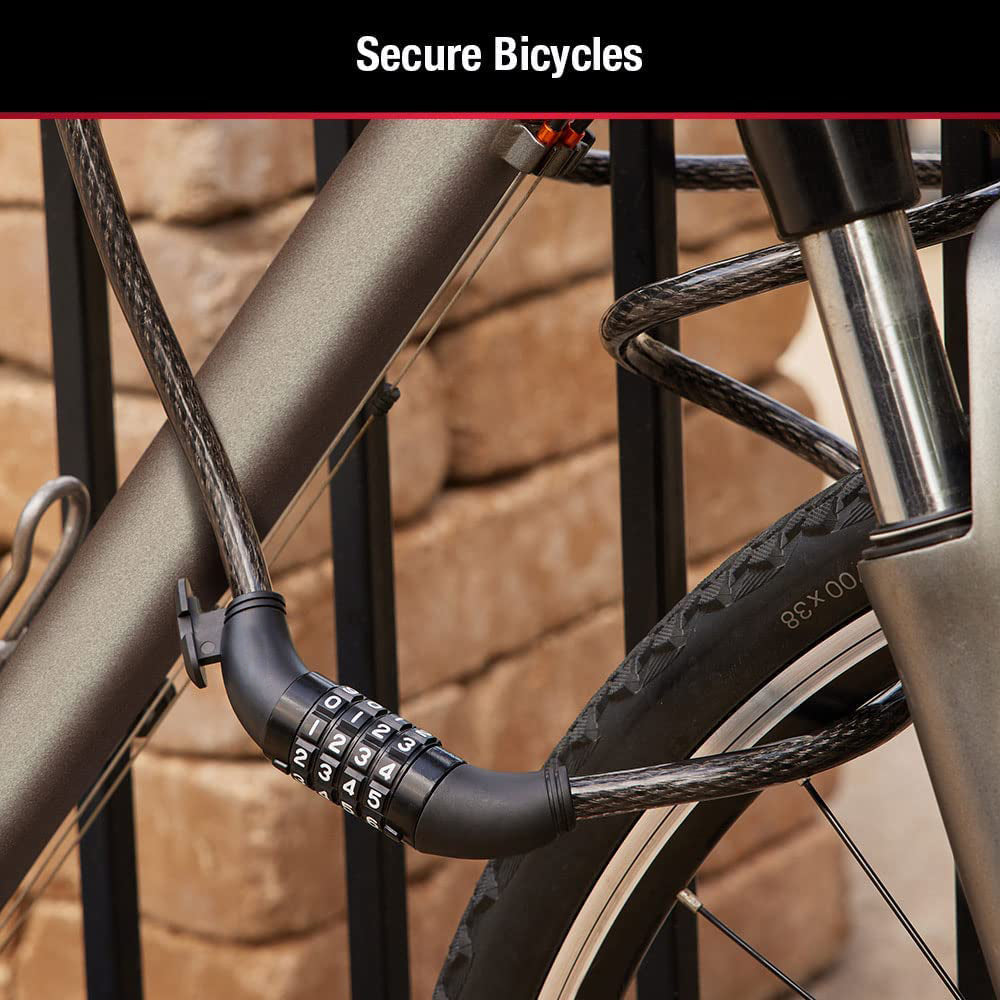 Durable vinyl-coated bicycle cable lock for enhanced protection.