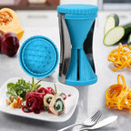 Demonstration of a fruit and vegetable spiralizer creating thin ribbons.