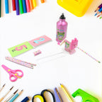 Angled shot of the colourful 12-piece stationery set, ideal for birthday return gifts.