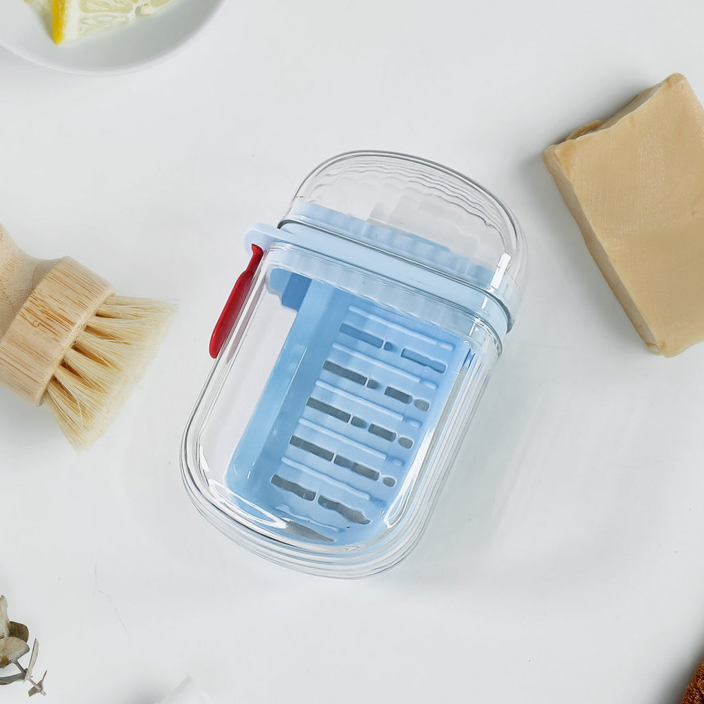 Open travel soap case showing hygienic soap drainage design
