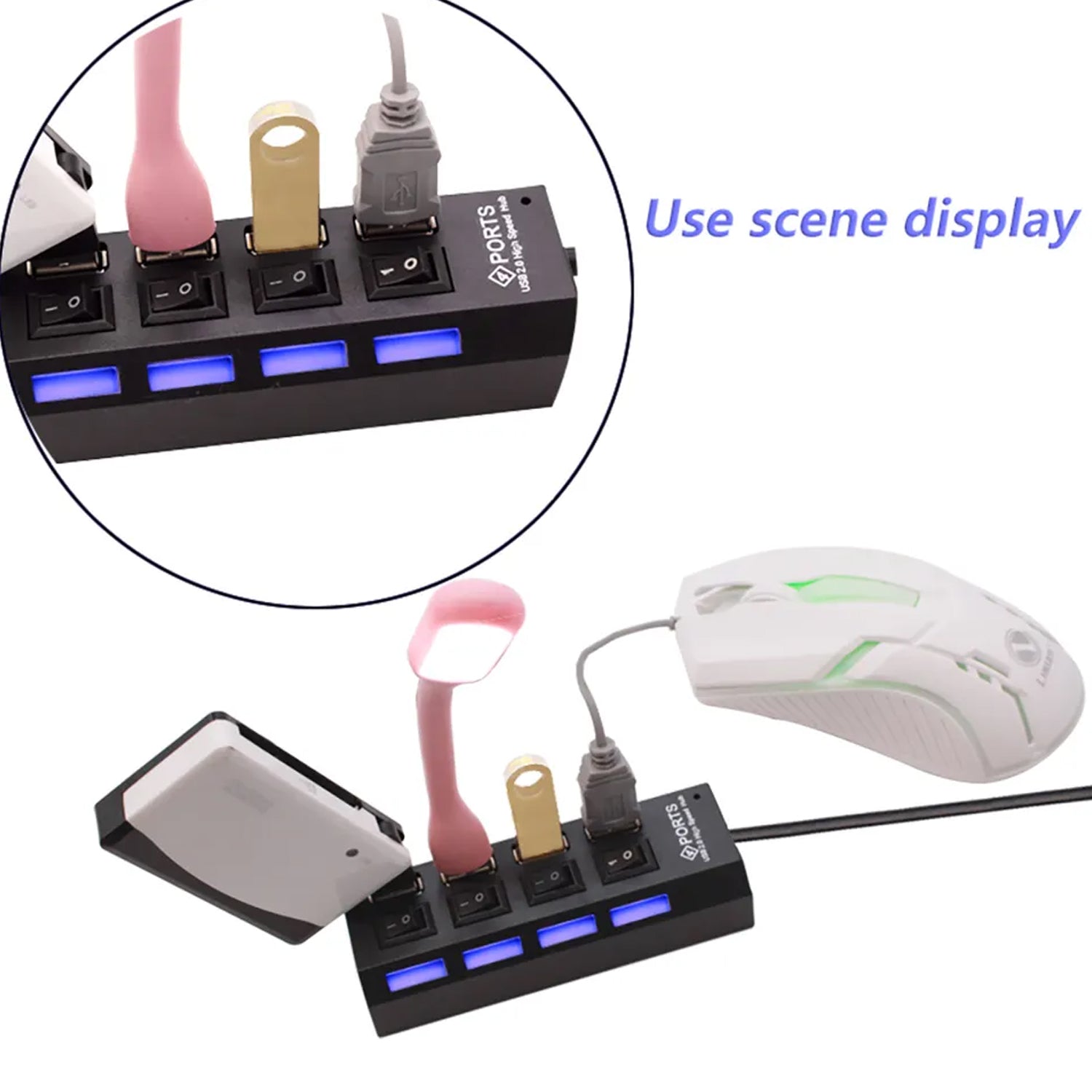 The 4-port USB hub with its individual power switches, ideal for efficient power management.