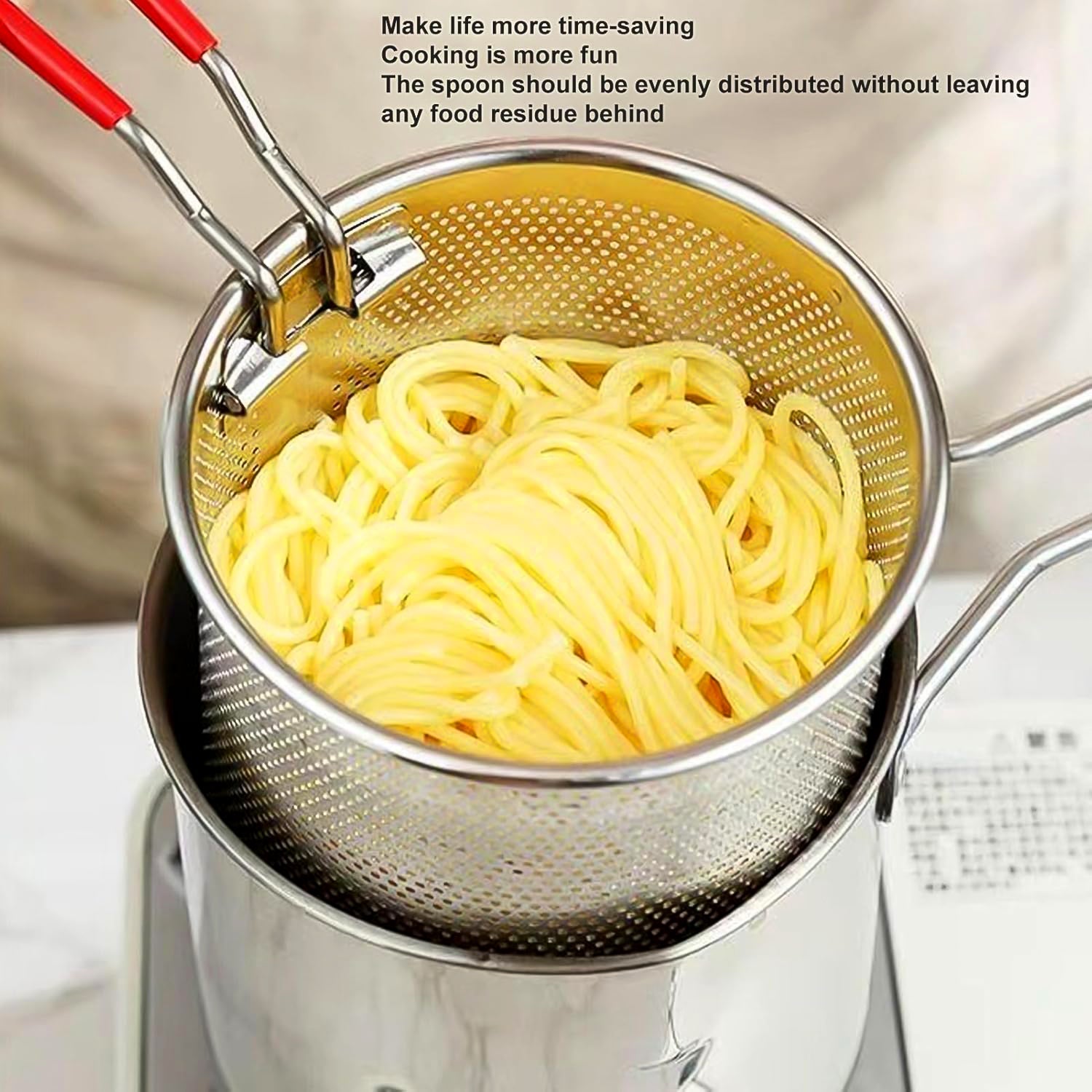 Detailed view of the deep frying pot showcasing its practical detachable wire strainer basket.