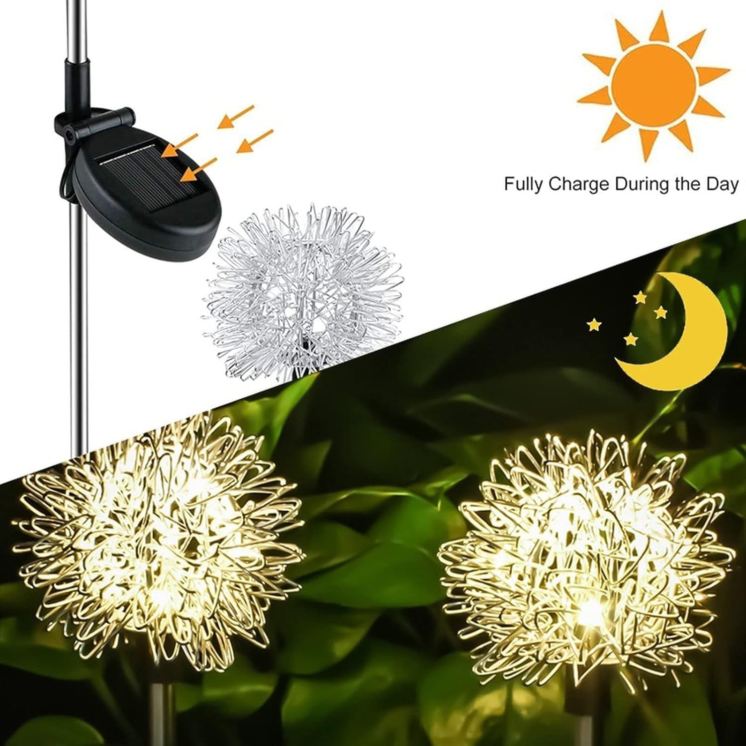 Close-up of solar garden light featuring intricate dandelion flower design