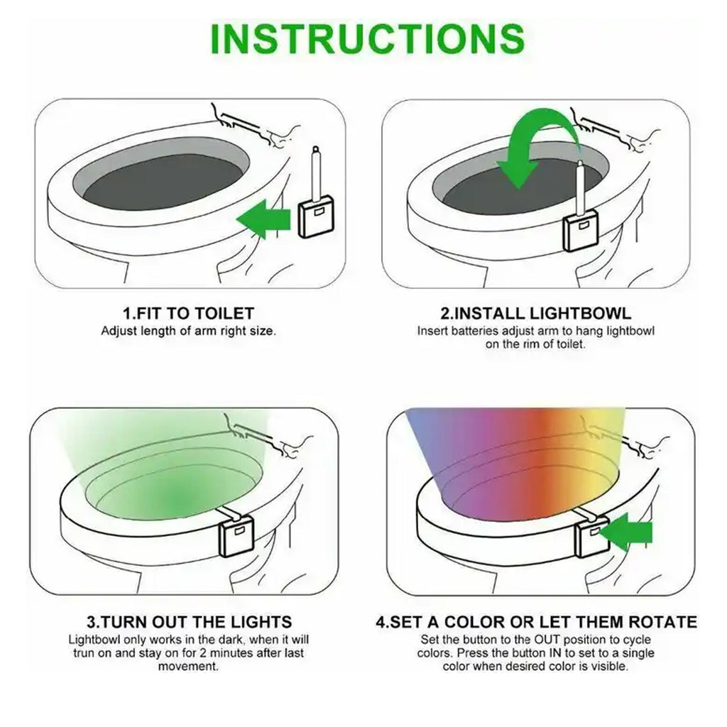 The LED toilet lamp casting a warm red light into the toilet bowl for night-time comfort.