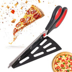 Stainless steel pizza cutter scissors with spatula separated for cleaning.