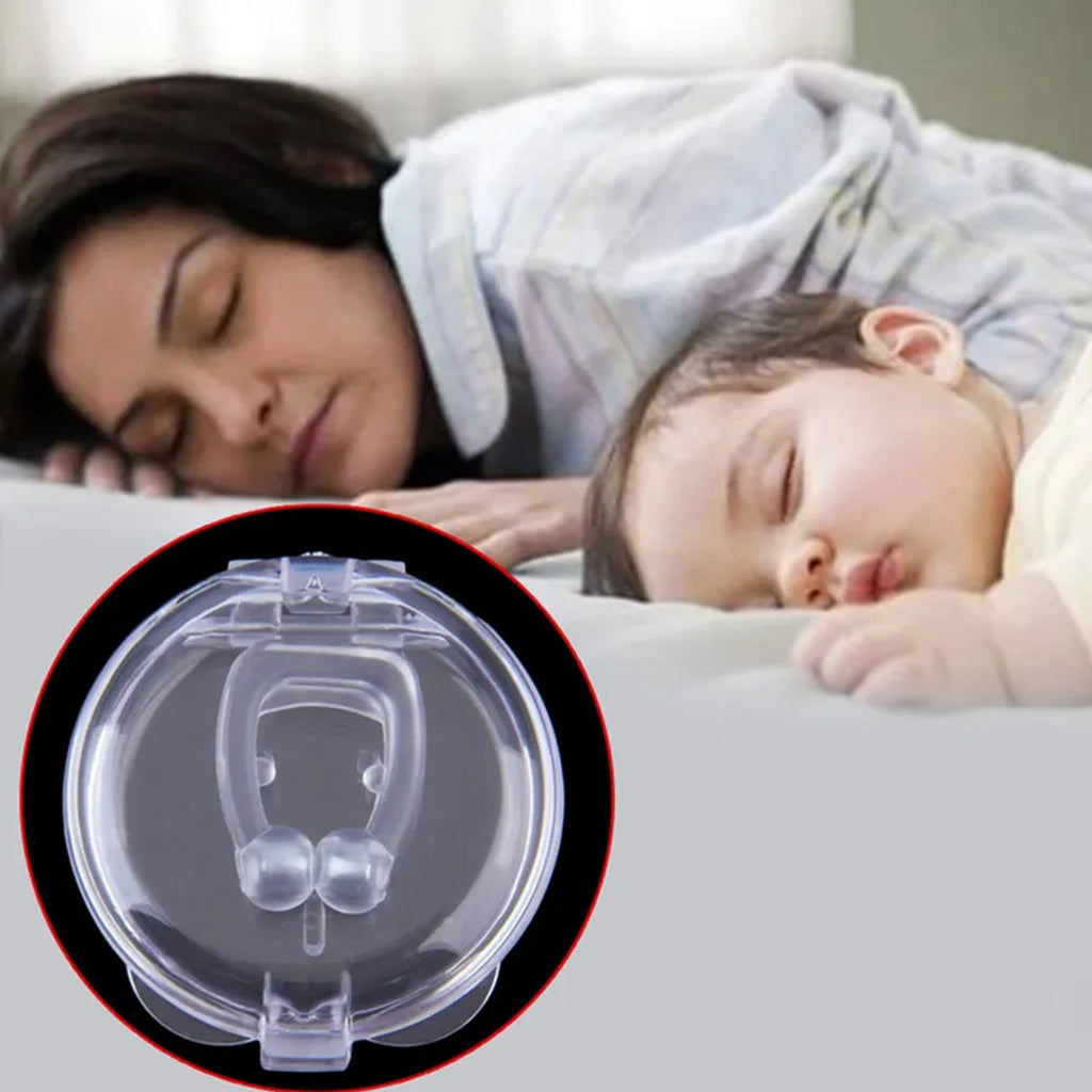 Anti-snoring silicone magnetic nose clip worn on model's nose