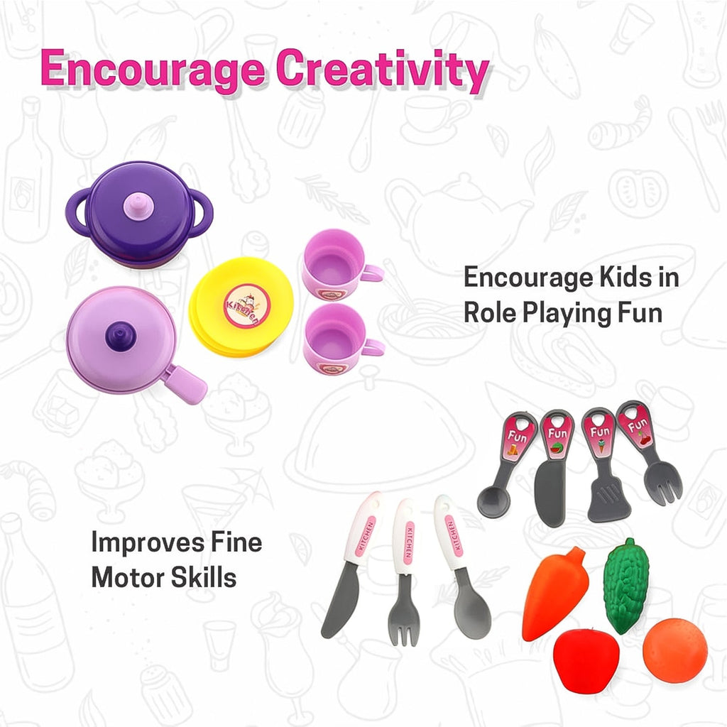 Kids kitchen toy with stove, pots, and utensils for imaginative play