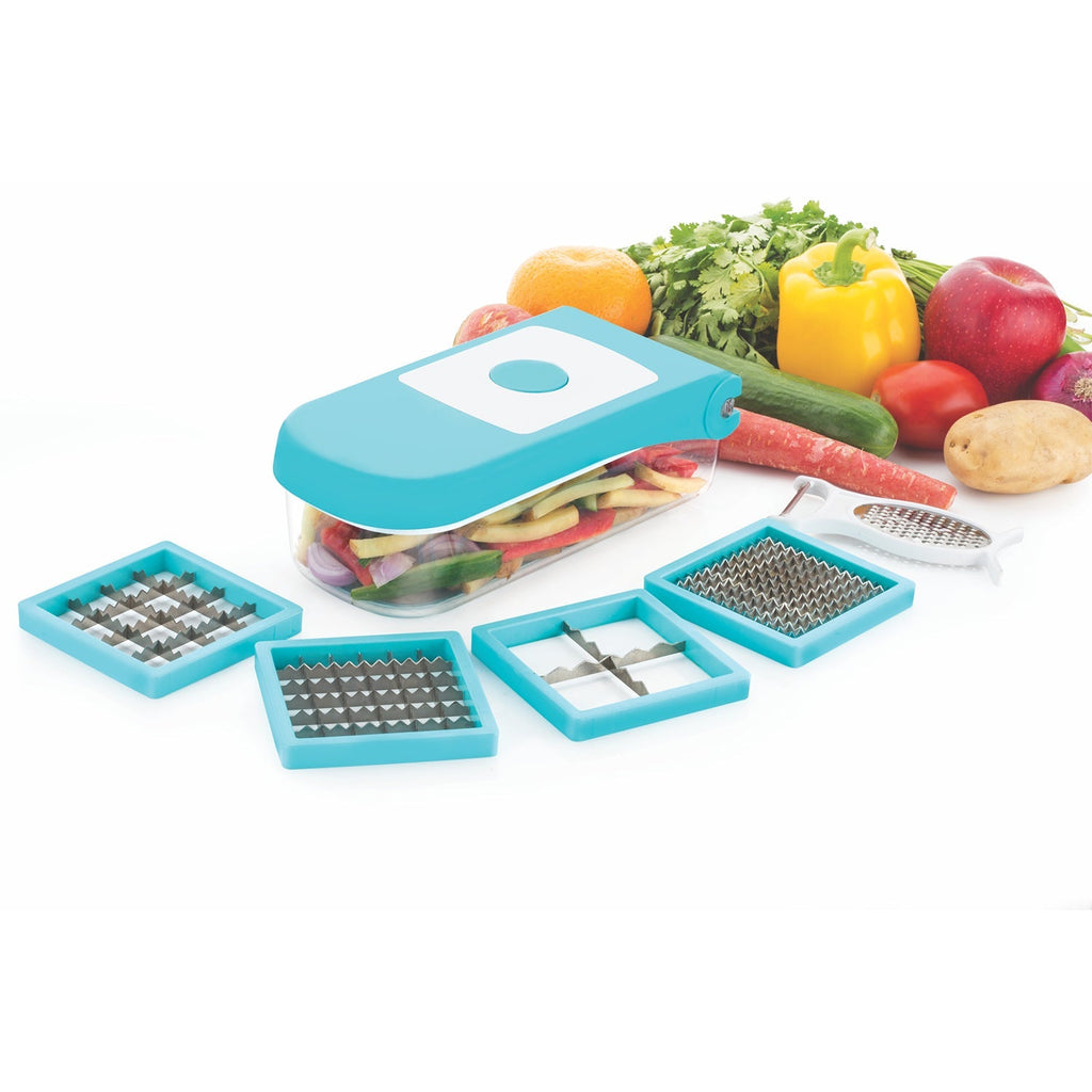 Blue Ganesh 7-in-1 Vegetable Dicer with stainless steel blades, showcasing its versatile design.
