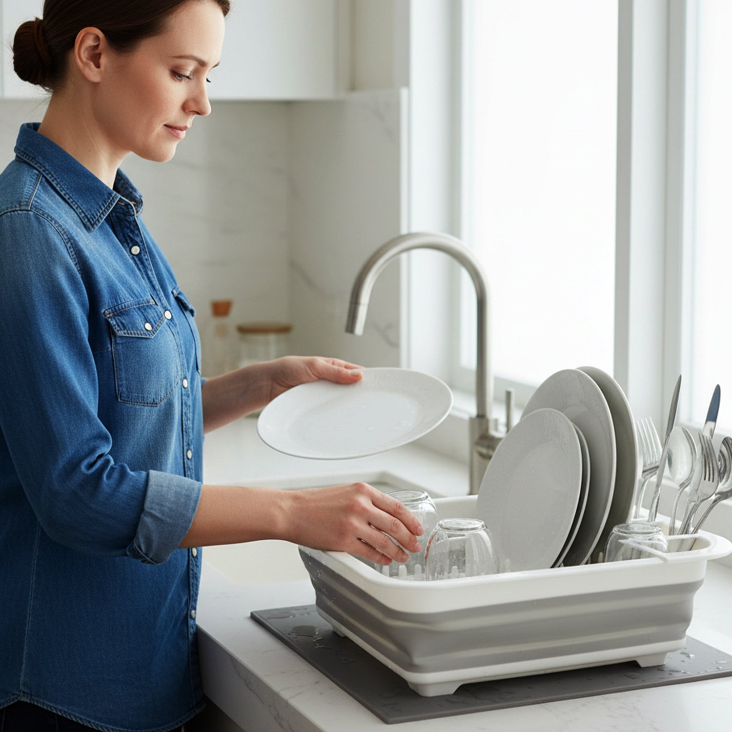 Dish drying rack with drain tray placed on kitchen sink