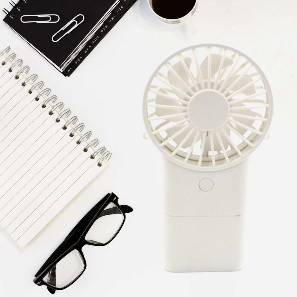 Assortment of 3-speed handheld fans in various colors: pink, blue, white, and green.