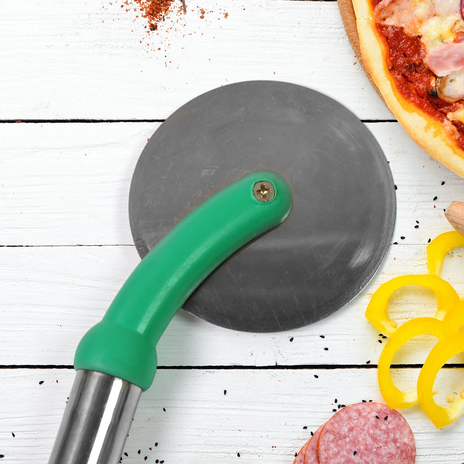 Compact design of the Quickslice stainless steel pizza cutter, ideal for easy kitchen storage.