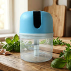 Angled side view highlighting the sleek design of the mini electric garlic chopper.