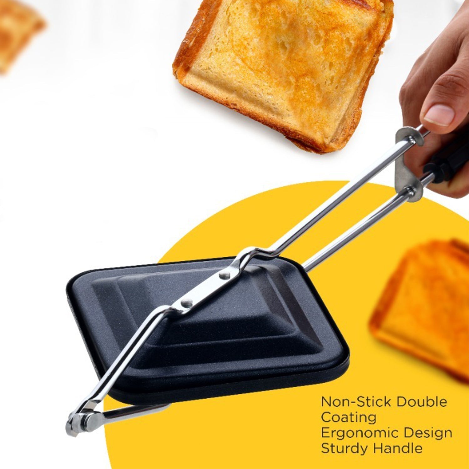 Side view of gas stove sandwich toaster highlighting ergonomic handle and locking feature