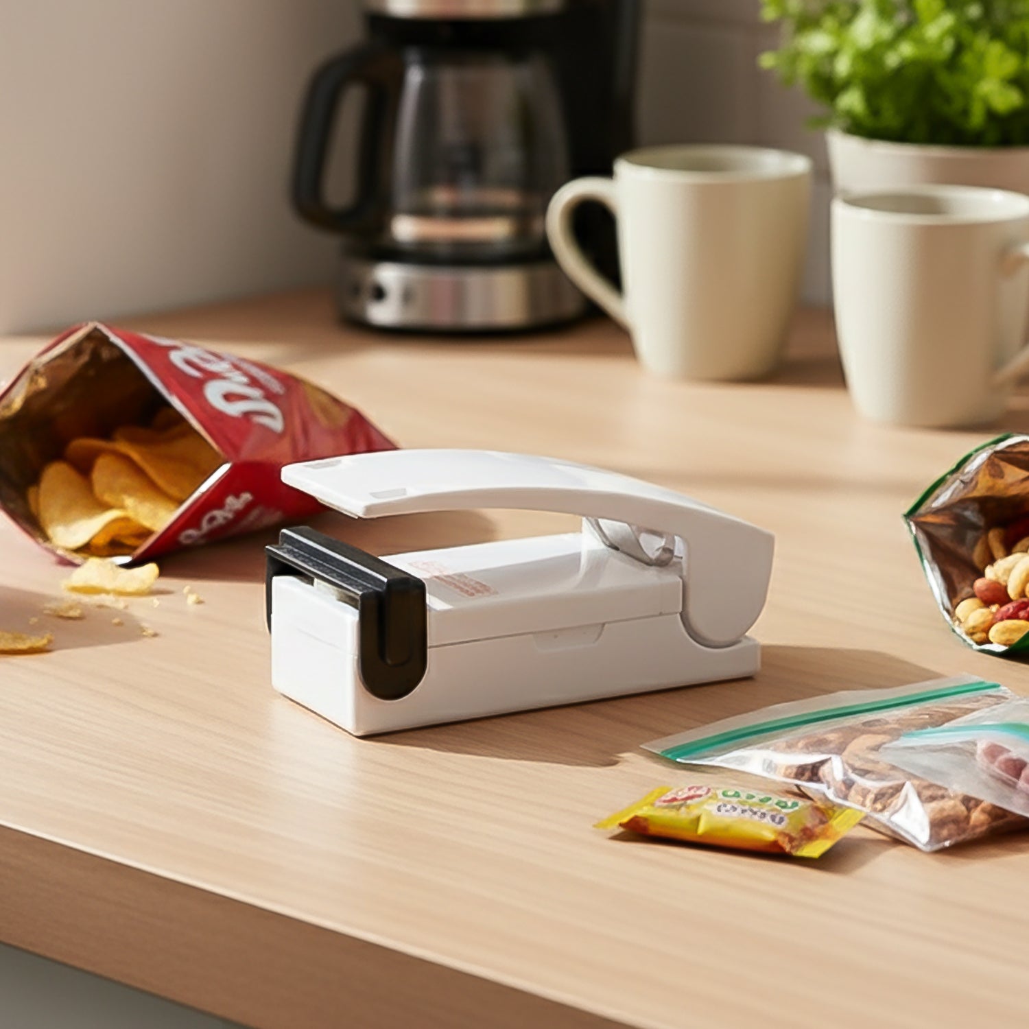 Person holding a portable mini heat sealer in hand