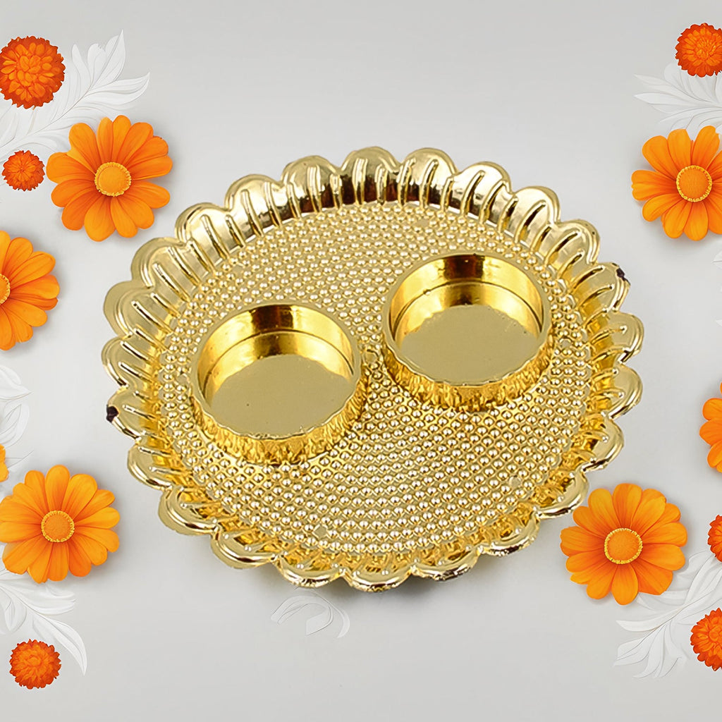 Detailed shot of the individual Kumkum bowls neatly arranged on the Puja Thali.