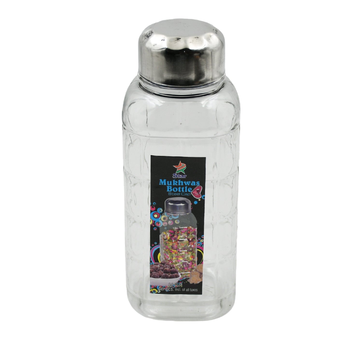 Transparent mukhwas bottle sitting on a kitchen counter with snacks