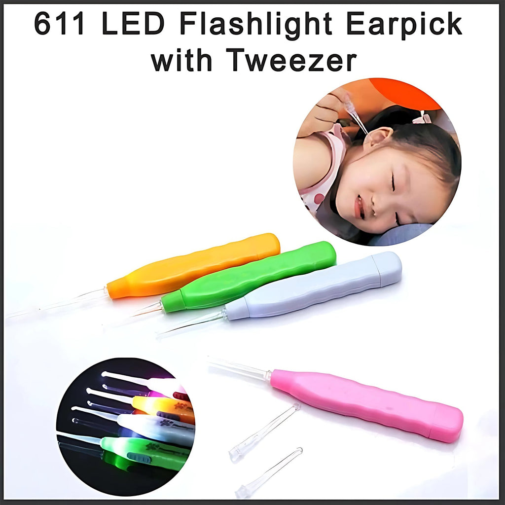 Compact pink LED ear pick set including tweezer for adult and child use